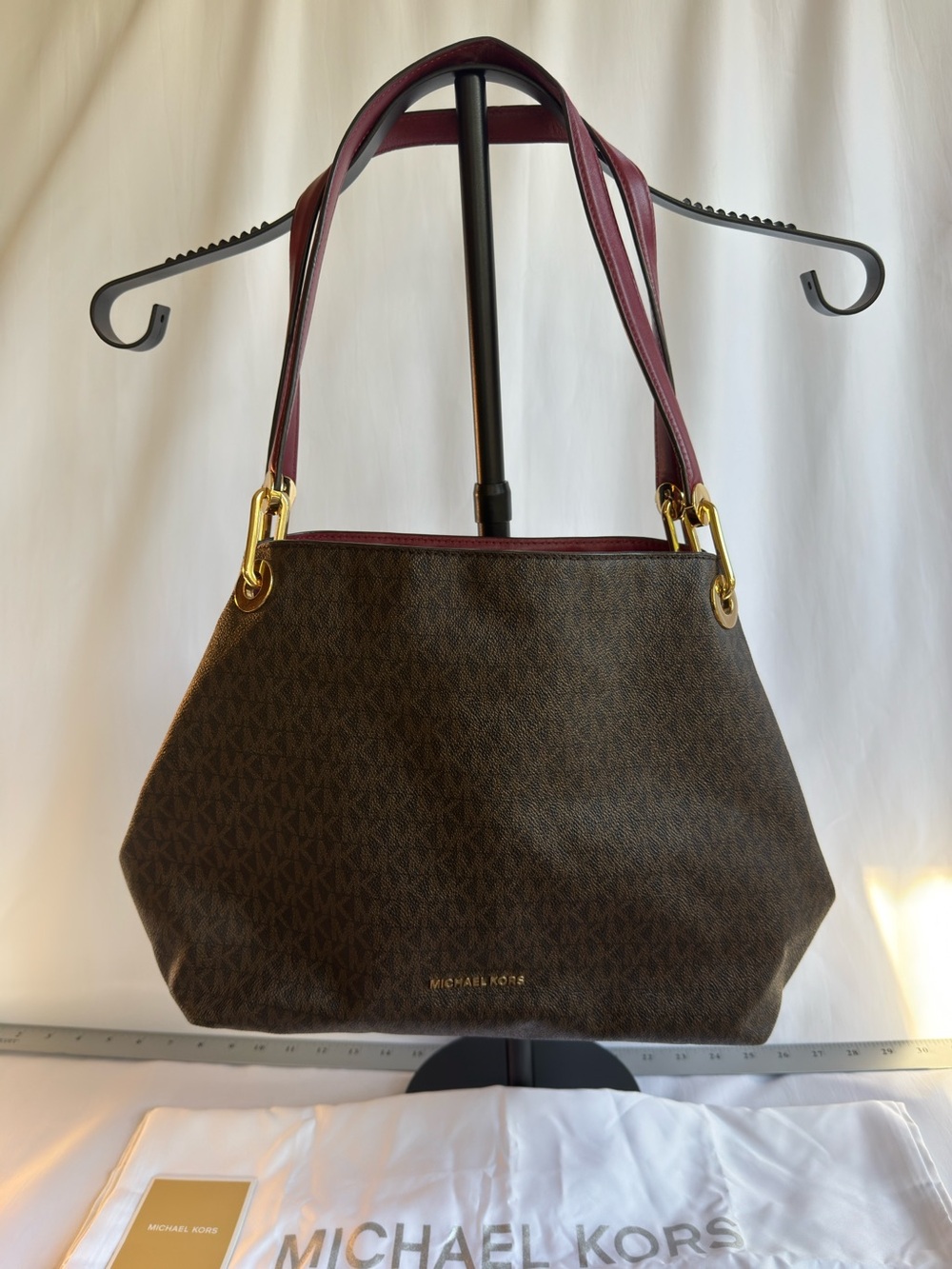 Michael Kors Brown Logo Large Shoulder Tote with Mulberry Straps and Trim